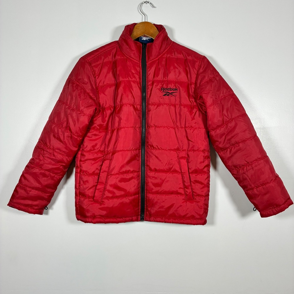 Reebok Puffer Jacket Boys L 14/16 Red Quilted Full Zip Sporty Outerwear Warm